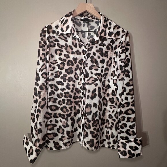 Women's 10 Boston Proper Leopard Print Button Down Sheer-Like Print - Picture 2 of 7